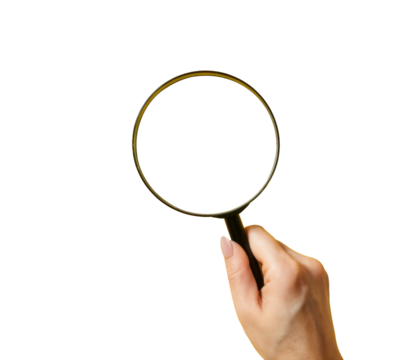 magnifying glass held by woman's hand on white background.