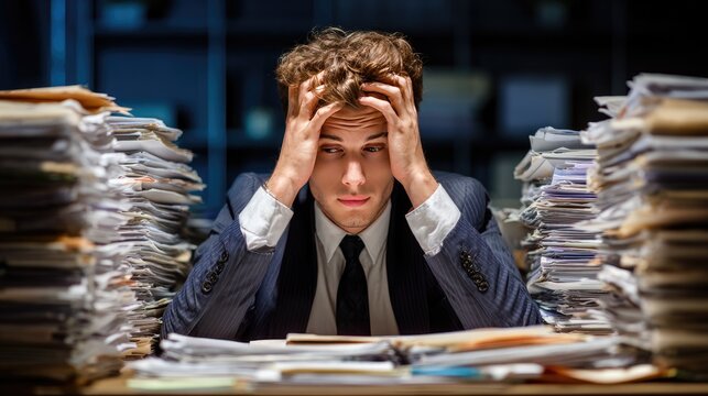Overwhelmed with Paperwork: A stressed professional buries his face in his hands amidst a daunting pile of documents, embodying the weight of administrative burden.