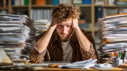 Overwhelmed: A person overwhelmed by the weight of paperwork, embodying the struggles of deadlines and stress