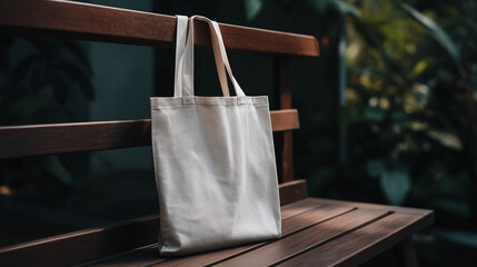 Stylish reusable tote bag on a wooden bench, embodying minimalist and sustainable living.