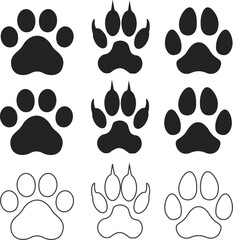 Collection of stylized animal paw prints in black and white outlines
