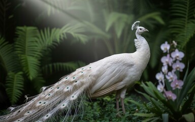 Elegant White Peacock with Flowing Tail Amidst Lush Greenery and Orchids