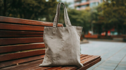 Stylish reusable tote bag on a wooden bench, embodying minimalist and sustainable living.