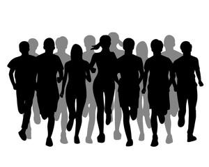 Silhouette of crowd of young people running, morning jogging, isolated icon on white background.	