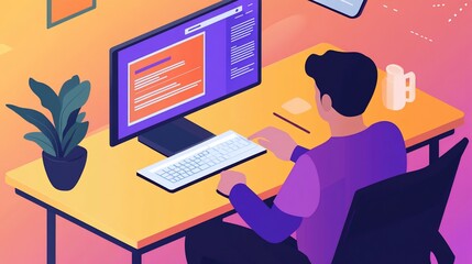 Isometric Workspace Illustration: Man Working on Computer at Home Office
