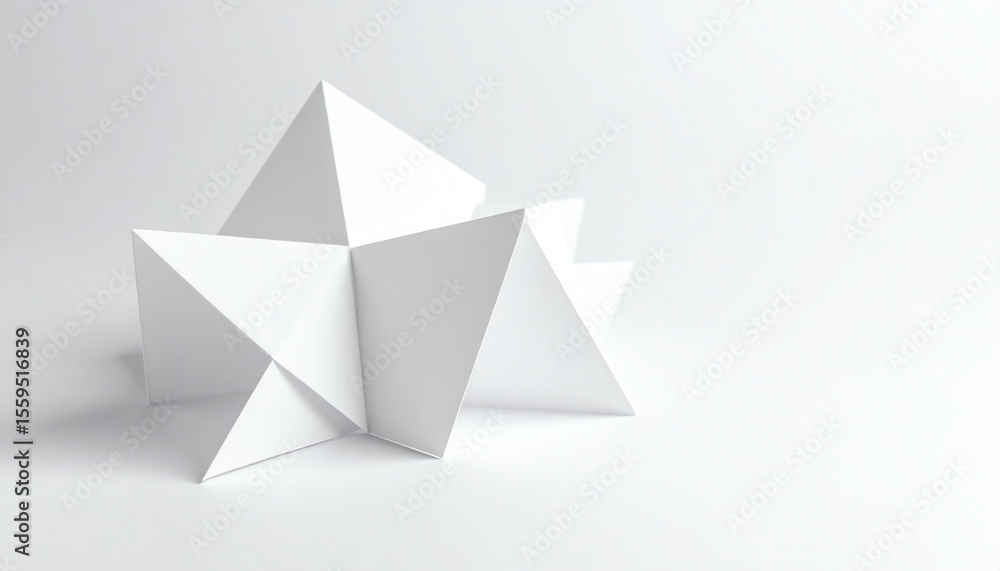 Poster a minimalist arrangement of white paper shapes, featuring various triangular forms, creating a dynam