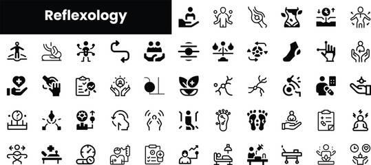 A comprehensive collection of reflexology icons representing various techniques and tools, ideal for wellness and holistic health concepts.
