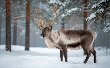 Majestic Reindeer Stands in Snowy Forest, Showcasing Magnificent Antlers and Winter Beauty