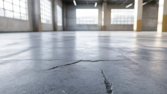 Cracked concrete floor in empty industrial warehouse with large window allowing natural light to brighten spacious building interior creating calm and open atmosphere with visible floor crack