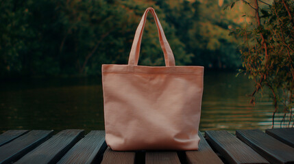 Stylish reusable tote bag on a wooden bench, embodying minimalist and sustainable living.