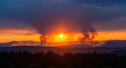 Fototapeta premium A dramatic sunset over a mountain range, with plumes of smoke rising from distant wildfires, creating an ominous and powerful environmental landscape.