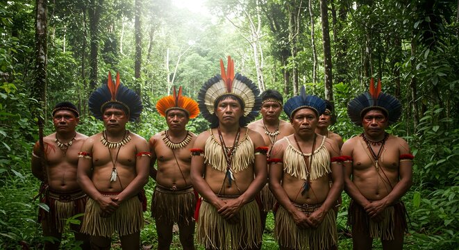 Amazon tribe indigenous people rainforest culture traditional headdress native south america group portrait