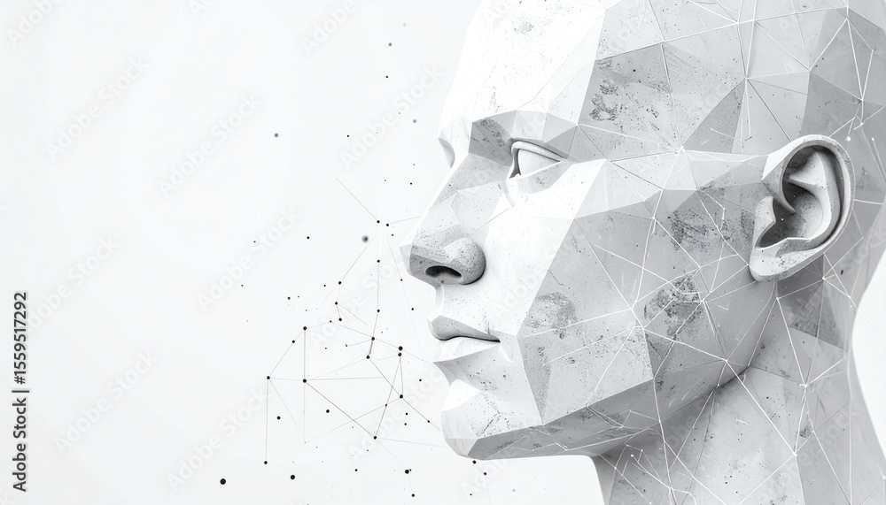 Poster a geometric, abstract representation of a human face in grayscale, blending technology and art, with