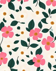 Botanical Floral Pattern with Pink Blossoms and Green Leaves: Hand-Drawn Nature Motifs in a Vintage Whimsical Style for Textile Print and Graphic Design