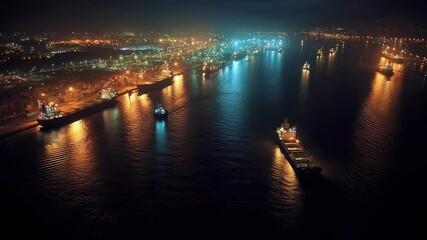 A nighttime scene of a busy shipping channel illuminated by navigational lights with vessels adhering to a traffic separation scheme