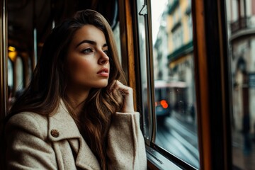 Stylish woman riding tram through old city, framed window and natural light