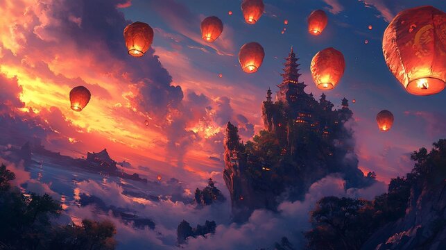 Spectacular view of floating sky lanterns over a mountain village at dusk