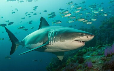 Naklejka premium Majestic Great White Shark Swimming Near Reef with School of Fish
