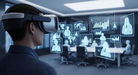A person wearing VR headset, observing digital business data and interacting with virtual interface.