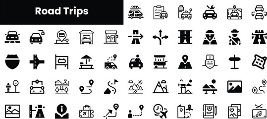 A collection of monochrome road trip icons depicting vehicles, navigation symbols, and travel elements showcasing the joy of adventure on the open road.