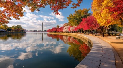 Washington dc autumn scenic view of tidal basin and washington monument reflection