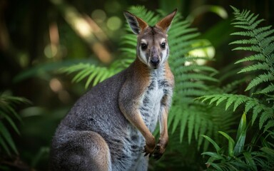 Obraz premium Agile Wallaby Portrait Amidst Lush Ferns in Natural Habitat