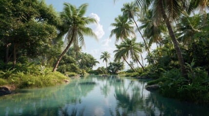 Obraz premium Explore tropical paradise river with palm trees and lush greenery scenic landscape