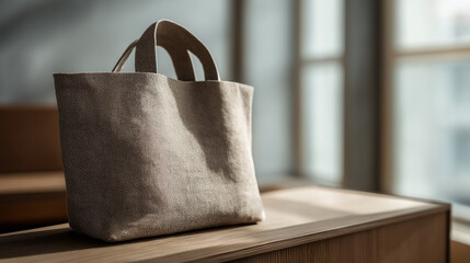 Stylish reusable tote bag on a wooden bench, embodying minimalist and sustainable living.