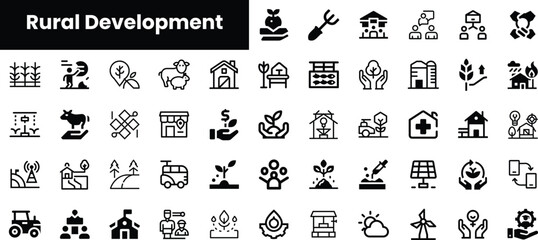 A collection of black-and-white icons representing various aspects of rural development, including farming, livestock, healthcare, and sustainable practices.