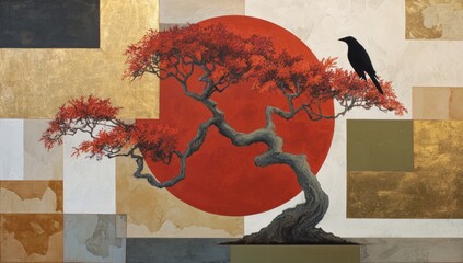 Stylized Japanese Maple Tree with Red Leaves Against Abstract Geometric Background