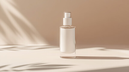 3D cosmetic bottle mockup twisting in air, matte beige background, soft natural light, clean elegant shadows, luxury skincare branding, minimal modern design.