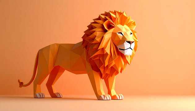 A stylized, geometric representation of a lion against an orange background, showcasing vibrant colors and sharp angles in a modern art style