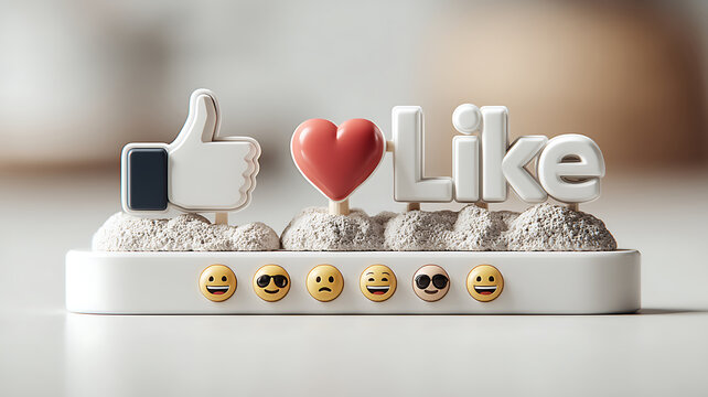 Social media like thumbs up heart emoji emoticons white surface for digital marketing engagement