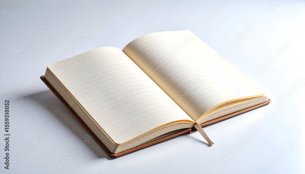 Poster an open notebook with blank pages, inviting creativity and thoughts, rests on a clean surface, empha