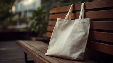 Stylish reusable tote bag on a wooden bench, embodying minimalist and sustainable living.