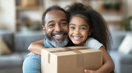Happy family with child holding delivery box