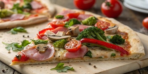 Delicious slice of pizza topped with ham broccoli mushrooms tomatoes and red pepper on a wooden board