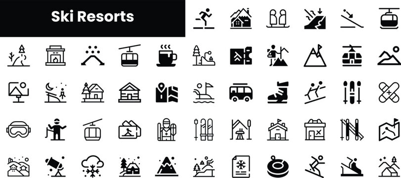 A collection of minimalist black icons representing various aspects of ski resorts, including skiing, snowboarding, lifts, and winter activities.