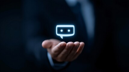 AI customer service bot floating in businessman's hand, virtual assistance concept