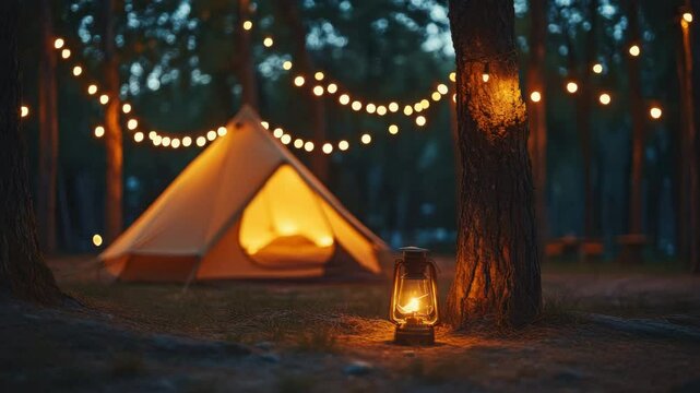 Cozy camping scene with glowing lantern near tree and illuminated tent in forest at dusk, warm string lights creating peaceful outdoor atmosphere for adventure and relaxation