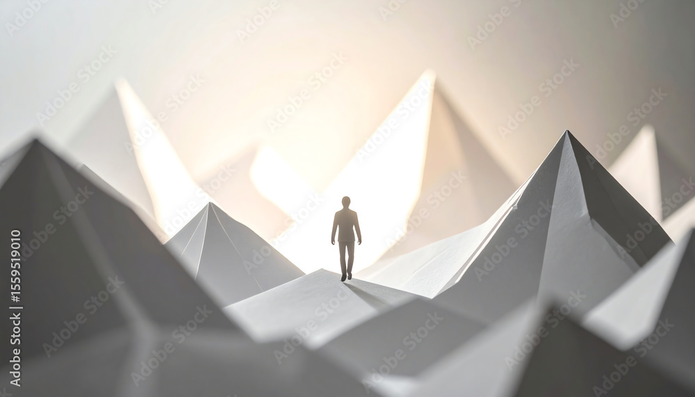 Poster a lone figure stands atop abstract paper mountains, symbolizing exploration and the journey through 