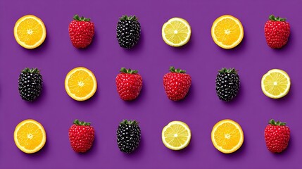 Fruit slices and whole berries arranged in a symmetrical pattern on a purple background.