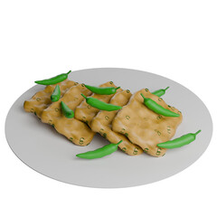 3D illustration of Indonesian fried tempeh called mendoan, served with green chilies on a plate, delicious and traditional snack.
