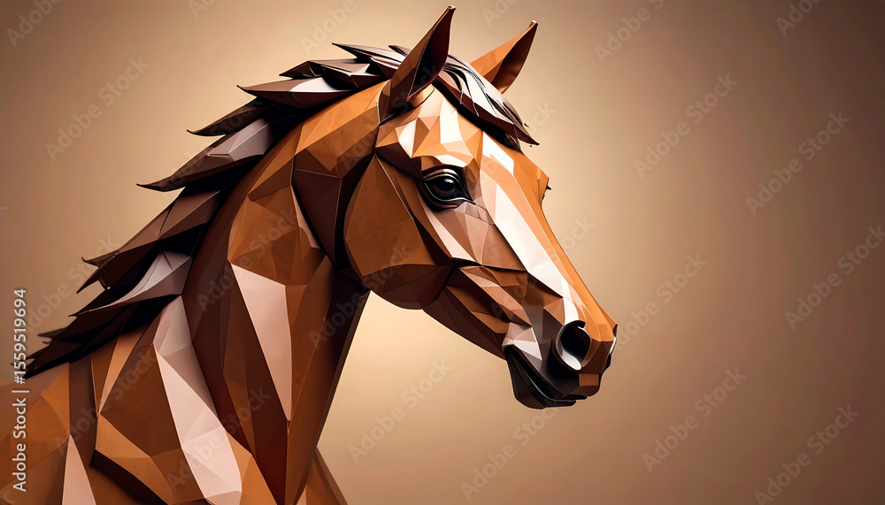 Poster a stylized, low-poly representation of a horse's head, showcasing angular shapes and warm tones agai