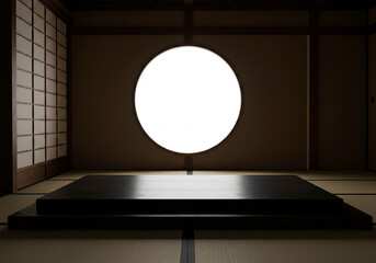 Minimalist Japanese room interior with circular window and platform.