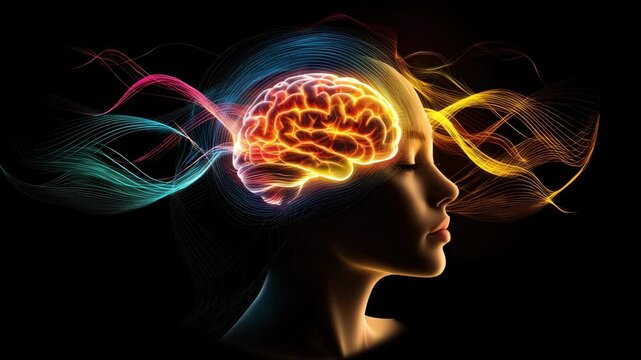 Glowing brain with colorful neural waves around calm female profile symbolizing creativity mental energy flow and abstract wave of intelligence in vibrant mental energy visualization