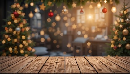 Empty Wooden Table with Christmas Theme Background for Holiday Display and Festive Design