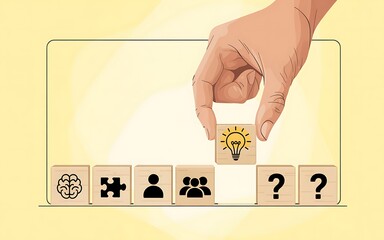 Hand placing lightbulb block with brain puzzle people question marks idea