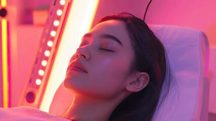 Woman face skin beauty relaxation spa light therapy treatment wellness health closed eyes indoors portrait calm peaceful skincare rejuvenation cosmetic care therapy modern young adult female enjoying