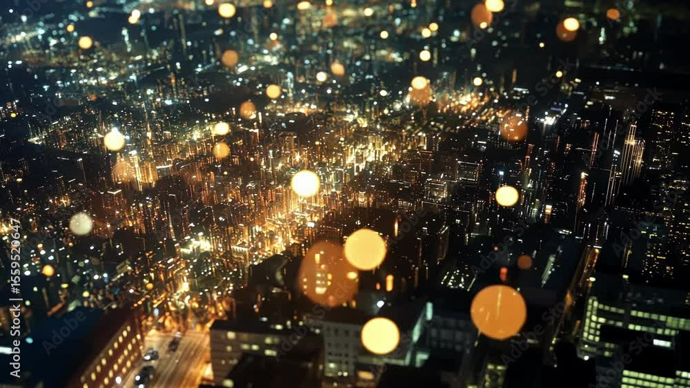 Poster blurring particles cascading over a futuristic metropolis, illuminating the night sky and creating a